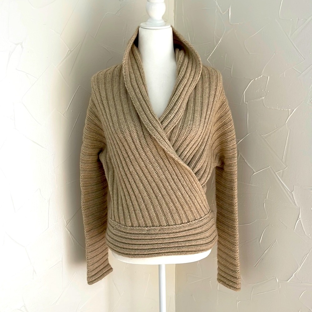 MaxMara V Neck Faux Wrap Sweater, Made in Italy, Tan